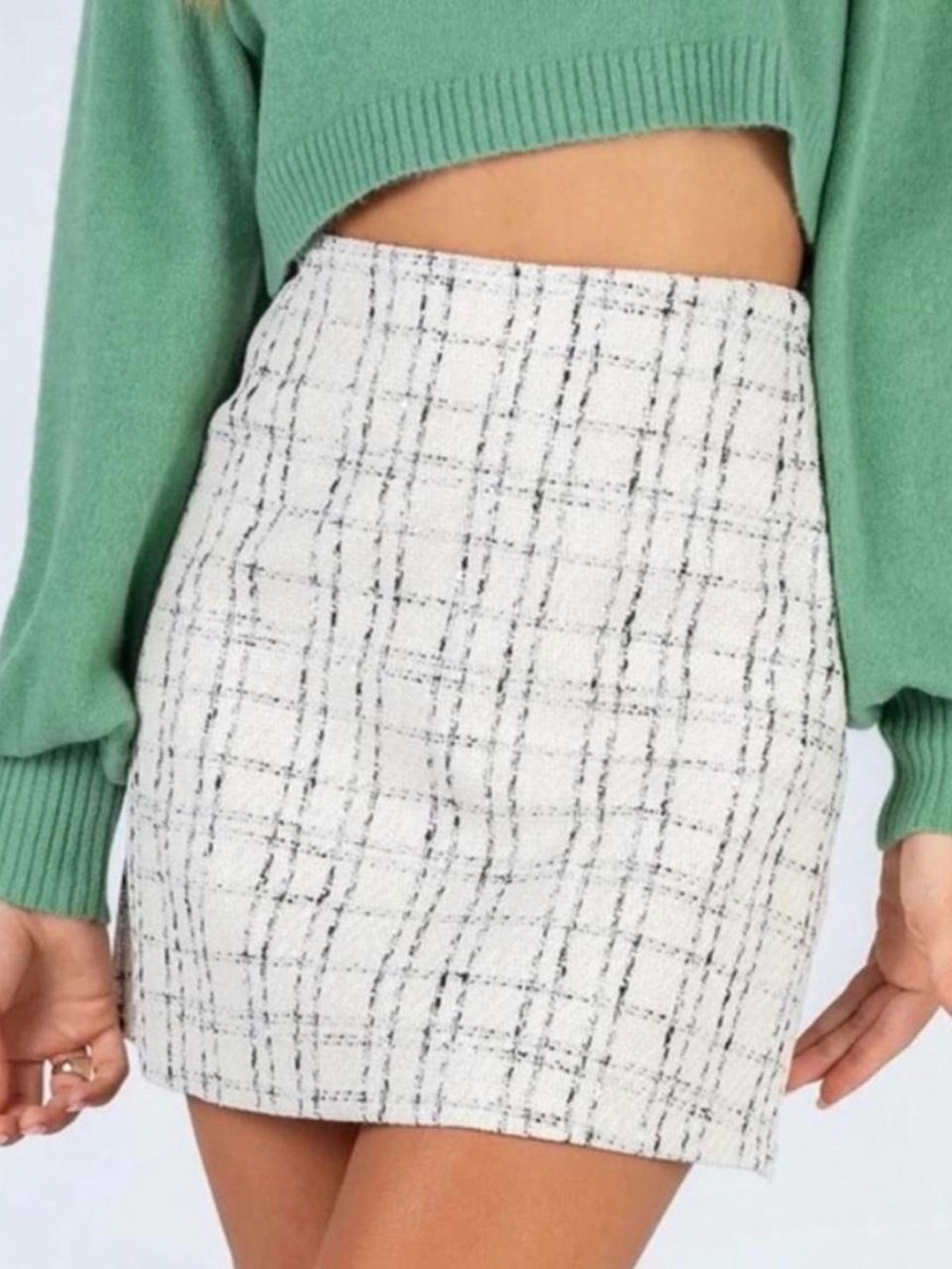 Princess Polly White Tweed Pencil Skirt with Black Windowpane